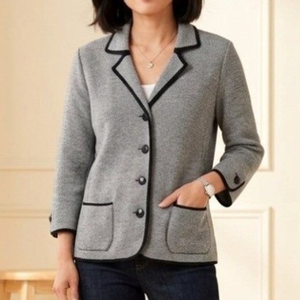 Talbots Blazer Women M Petite Black White Silk Cotton Dark Adademia Minimalist